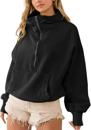 HOULENGS Women's Casual Half Zip Up Hooded Sweatshirt Long Sleeve Drawstring Pullover Sweatshirt with Pocket