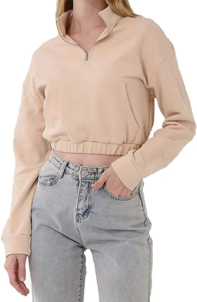 HOULENGS Women's Casual Half Zipper Long Sleeve Sweatshirt Stand Collar Cropped Pullover Tops with Pockets