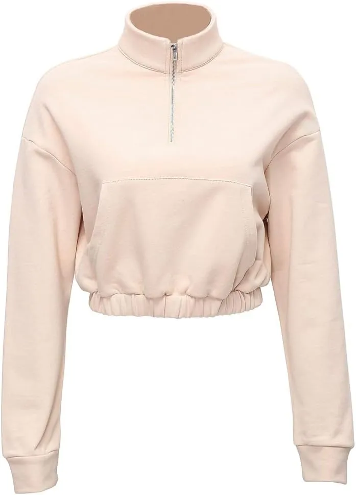 HOULENGS Women's Casual Half Zipper Long Sleeve Sweatshirt Stand Collar Cropped Pullover Tops with Pockets