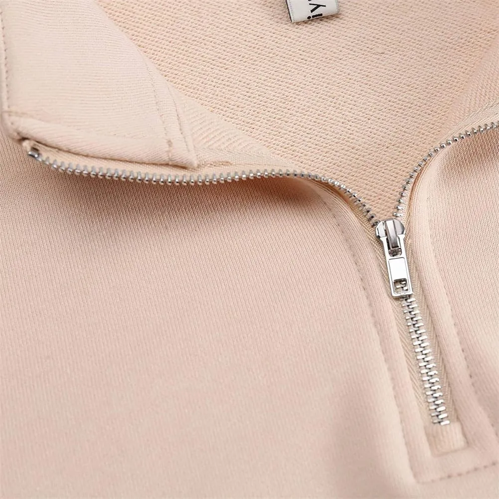 HOULENGS Women's Casual Half Zipper Long Sleeve Sweatshirt Stand Collar Cropped Pullover Tops with Pockets