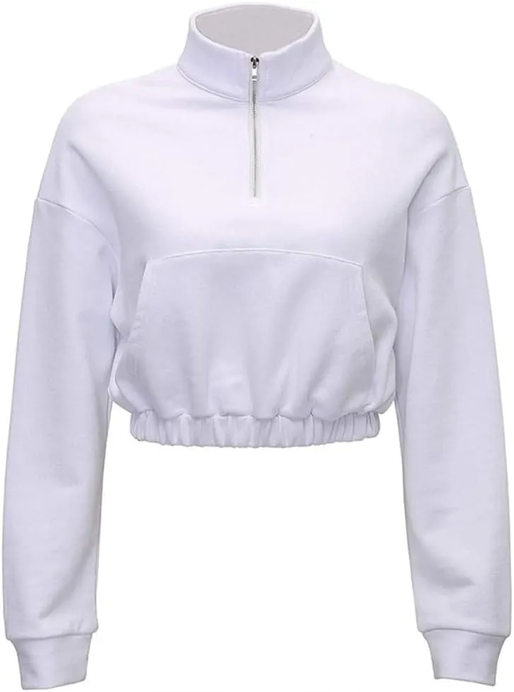 HOULENGS Women's Casual Half Zipper Long Sleeve Sweatshirt Stand Collar Cropped Pullover Tops with Pockets