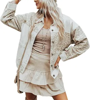HOULENGS Women's Leopard Print Long Sleeve Corduroy Shacket Jacket Button Down Lapel Shirt Tops with Pocket