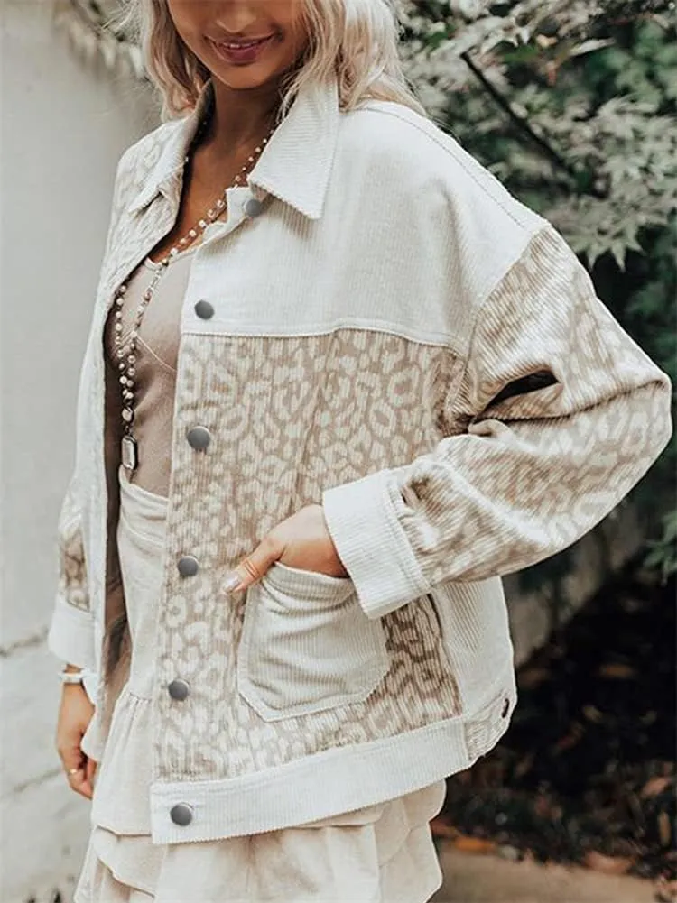 HOULENGS Women's Leopard Print Long Sleeve Corduroy Shacket Jacket Button Down Lapel Shirt Tops with Pocket