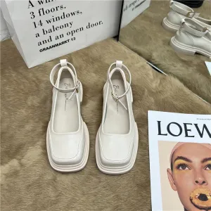 hulianfu Design Mary Jane Shoes Women's Shoes Casual Women Thick Sole Heels Ankle Buckle Shoes Elegant Ladies Shallow Single Shoes