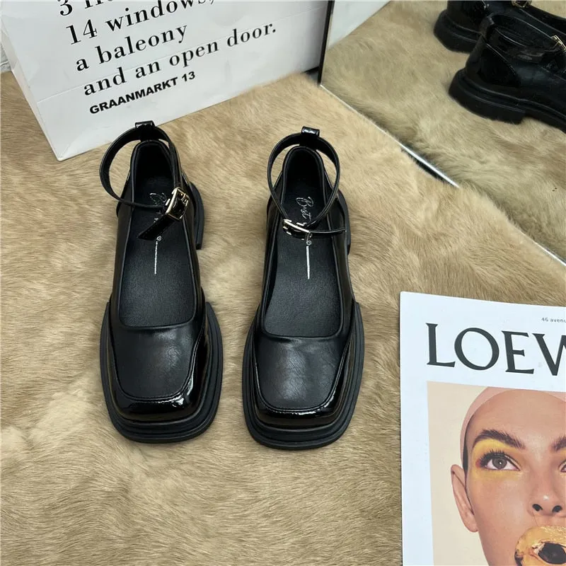hulianfu Design Mary Jane Shoes Women's Shoes Casual Women Thick Sole Heels Ankle Buckle Shoes Elegant Ladies Shallow Single Shoes