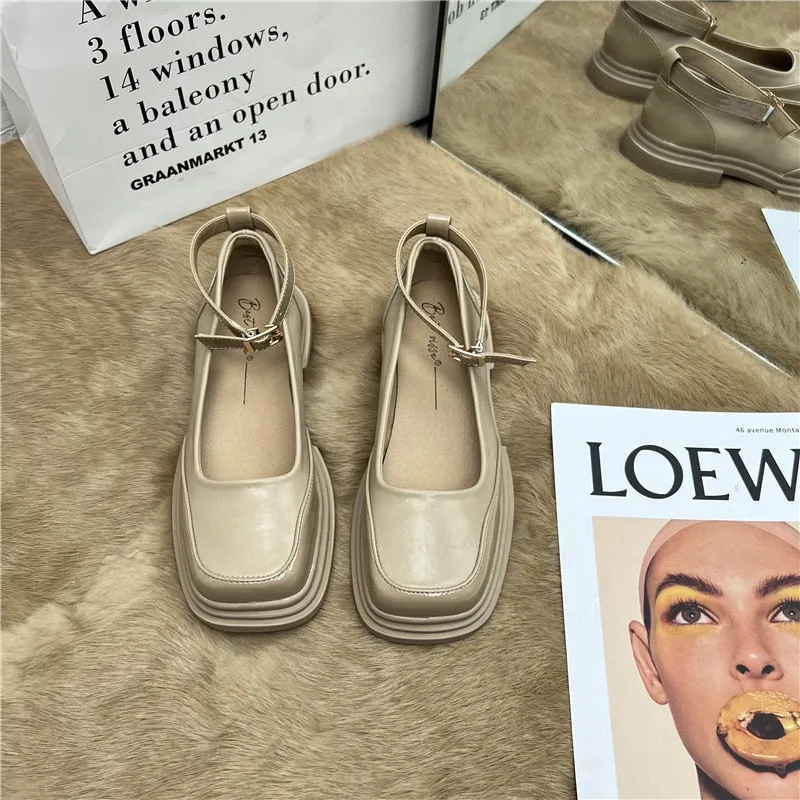 hulianfu Design Mary Jane Shoes Women's Shoes Casual Women Thick Sole Heels Ankle Buckle Shoes Elegant Ladies Shallow Single Shoes
