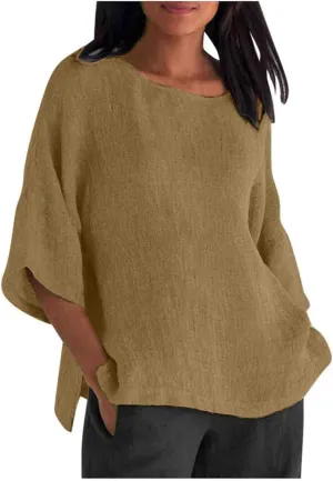 HXHYQKP Linen Tops for Women Summer Plus Size T Shirts V Neck Loose Blouses Trendy Tops for Women 2025