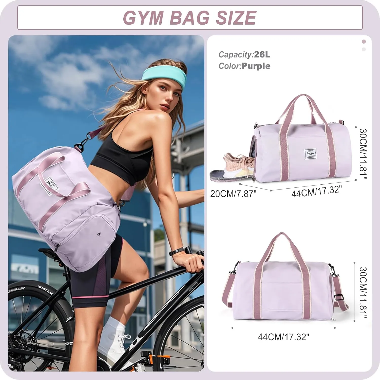 HYC00 Travel Duffel Bag, Sport Bag Gym Bag, Shoulder Weekender Overnight Bag for Women, H-Violet, 9.06 x 18.11 x 8.27 Zoll