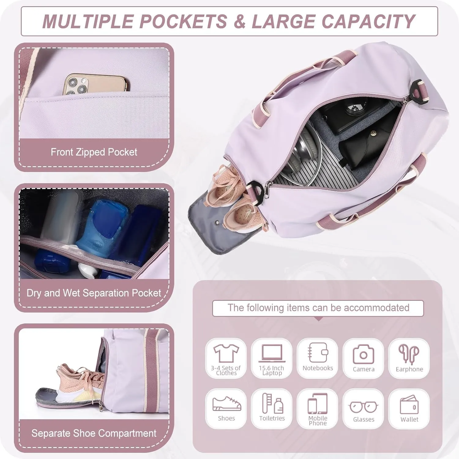 HYC00 Travel Duffel Bag, Sport Bag Gym Bag, Shoulder Weekender Overnight Bag for Women, H-Violet, 9.06 x 18.11 x 8.27 Zoll