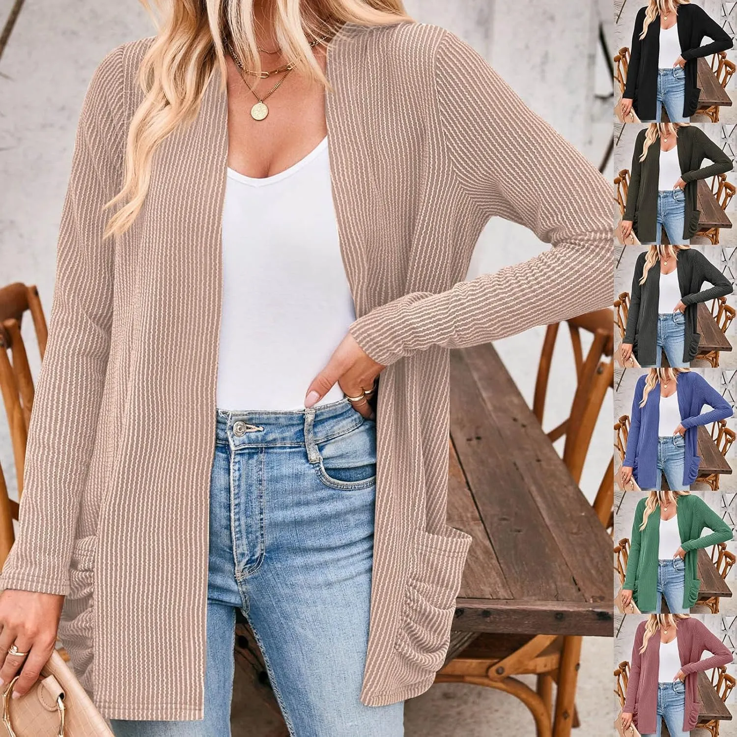 iLH Women Fall Solid Color Cardigan Open Front Lightweight Cardigan Long Sleeve V Neck Cardigan Outerwear with Pocket