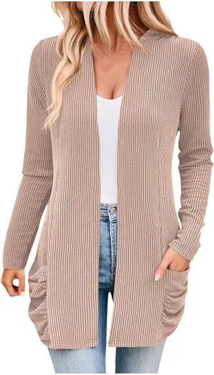 iLH Women Fall Solid Color Cardigan Open Front Lightweight Cardigan Long Sleeve V Neck Cardigan Outerwear with Pocket