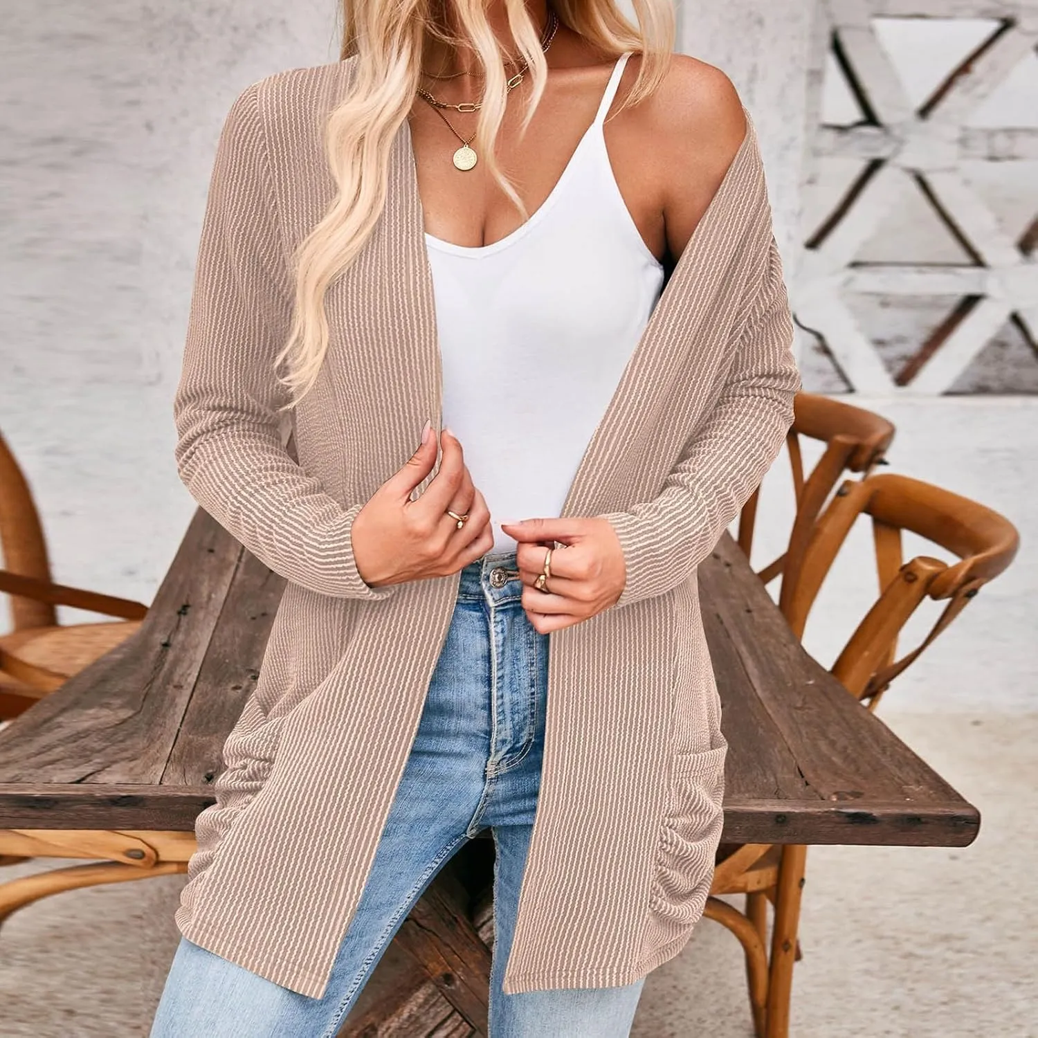 iLH Women Fall Solid Color Cardigan Open Front Lightweight Cardigan Long Sleeve V Neck Cardigan Outerwear with Pocket