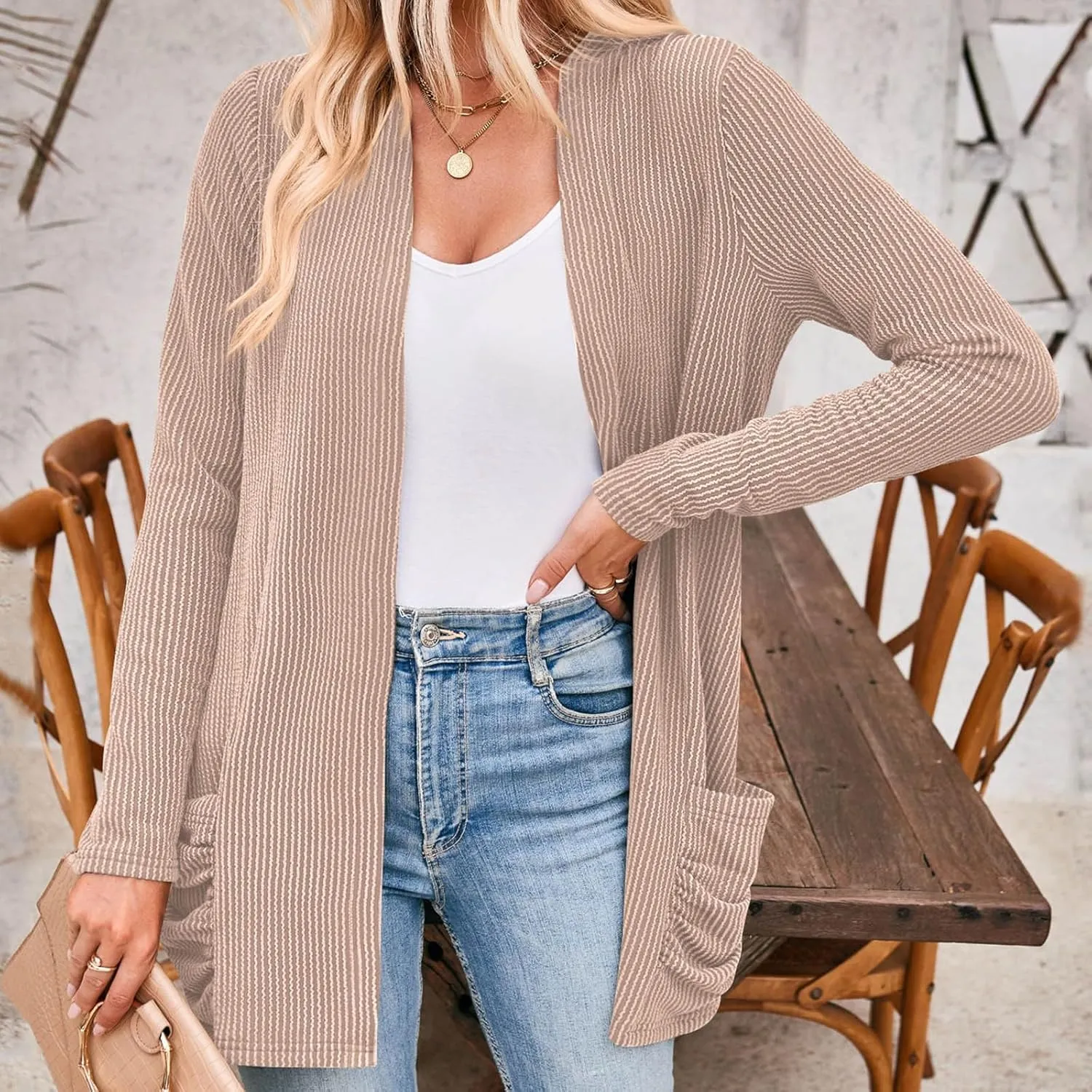 iLH Women Fall Solid Color Cardigan Open Front Lightweight Cardigan Long Sleeve V Neck Cardigan Outerwear with Pocket