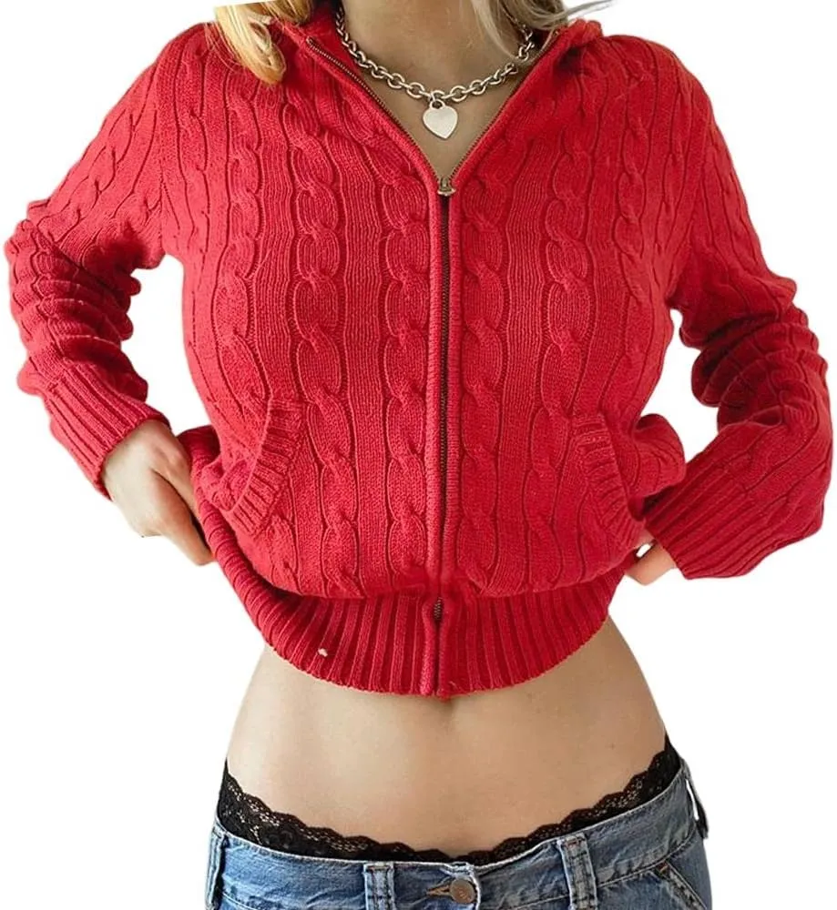 IVERIRMIN Women's Y2K Cropped Ribbed Cardigan Sweaters Casual Zip Up Hoodie Fall Long Sleeve Cable Knitted Sweaters