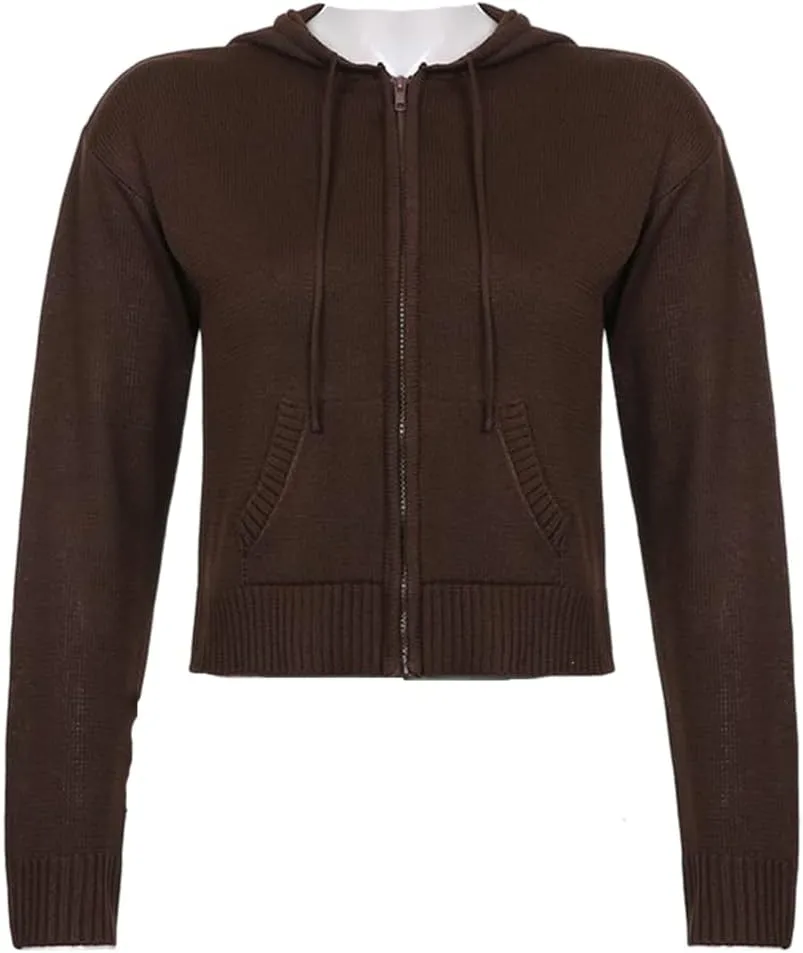 IVERIRMIN Women's Y2K Cropped Ribbed Cardigan Sweaters Casual Zip Up Hoodie Fall Long Sleeve Cable Knitted Sweaters