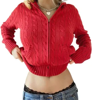 IVERIRMIN Women's Y2K Cropped Ribbed Cardigan Sweaters Casual Zip Up Hoodie Fall Long Sleeve Cable Knitted Sweaters