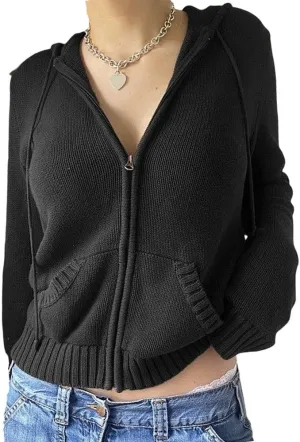IVERIRMIN Women's Y2K Cropped Ribbed Cardigan Sweaters Casual Zip Up Hoodie Fall Long Sleeve Cable Knitted Sweaters