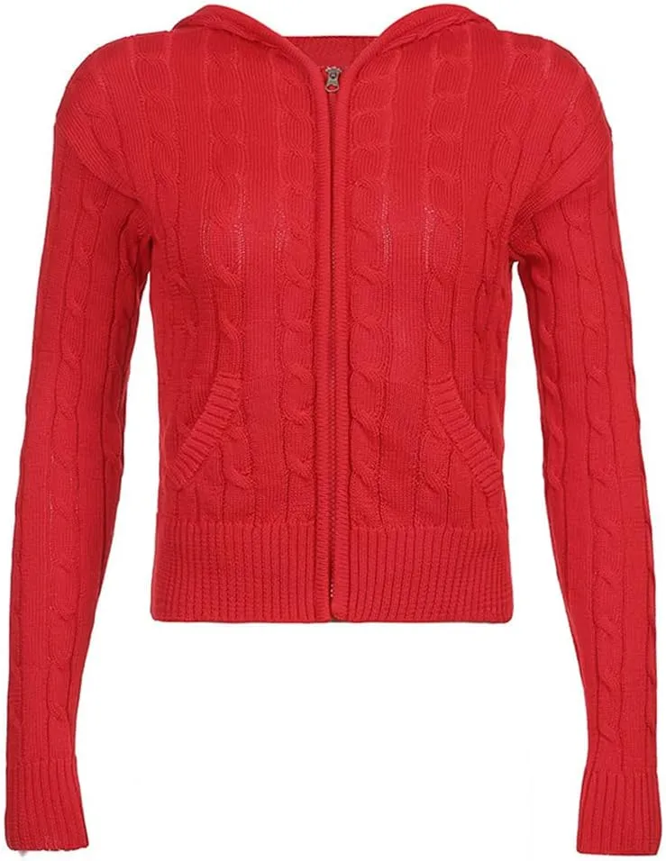 IVERIRMIN Women's Y2K Cropped Ribbed Cardigan Sweaters Casual Zip Up Hoodie Fall Long Sleeve Cable Knitted Sweaters