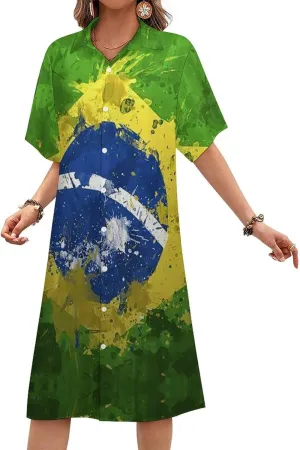 Jamaica Womens Button Down Shirt Dress Summer Simple Short Sleeve Shift Dresses with Pockets