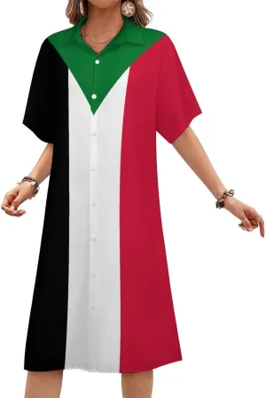 Jamaican Flag Womens Button Down Shirt Dresses Button Up Short Sleeve Blouse Tops