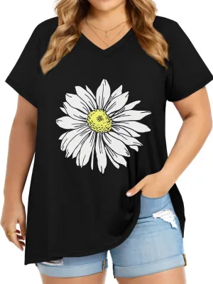 JOELLYUS Plus Size Tops for Women Summer Top Loose Fit Tee Shirts V Neck Short Sleeve Blouse