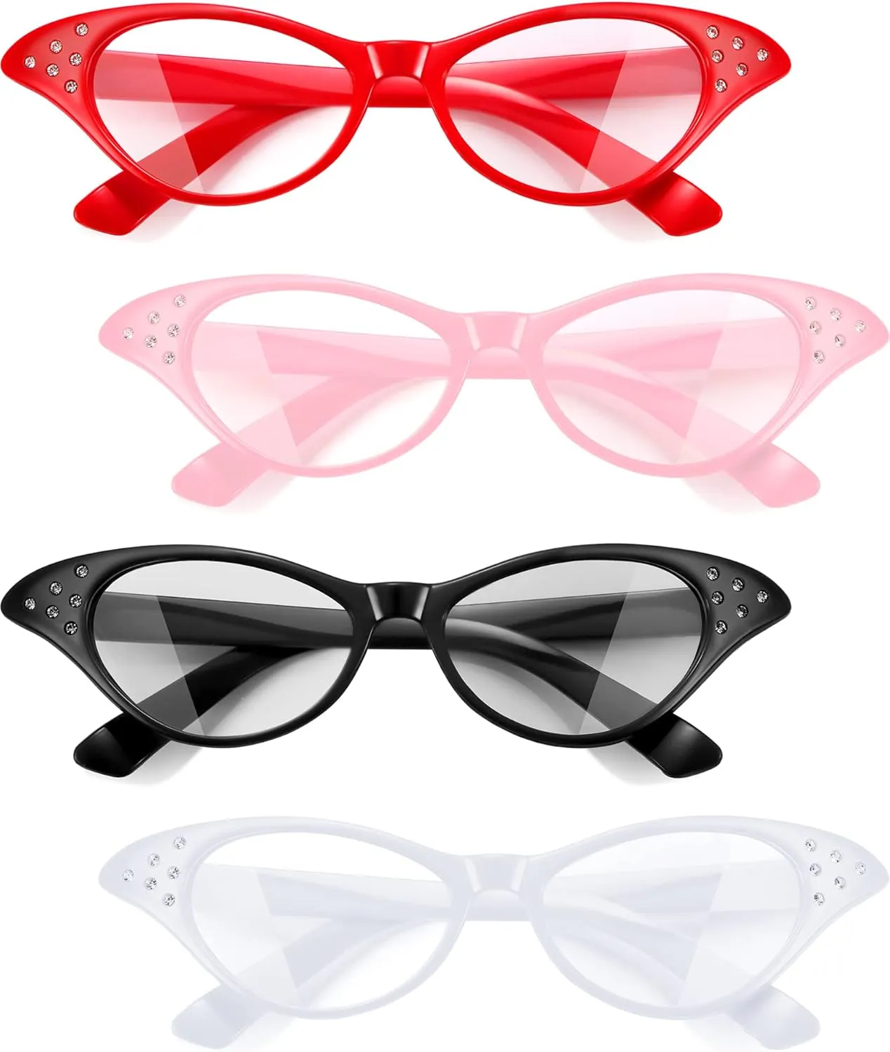 JOVITEC 4 Pieces Cat Eye Glasses with Rhinestones 50's 60's Party Costume Glasses for Hip Hop Dress up Halloween Party Favor (Red, Black, White, Pink)