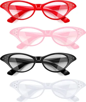 JOVITEC 4 Pieces Cat Eye Glasses with Rhinestones 50's 60's Party Costume Glasses for Hip Hop Dress up Halloween Party Favor (Red, Black, White, Pink)