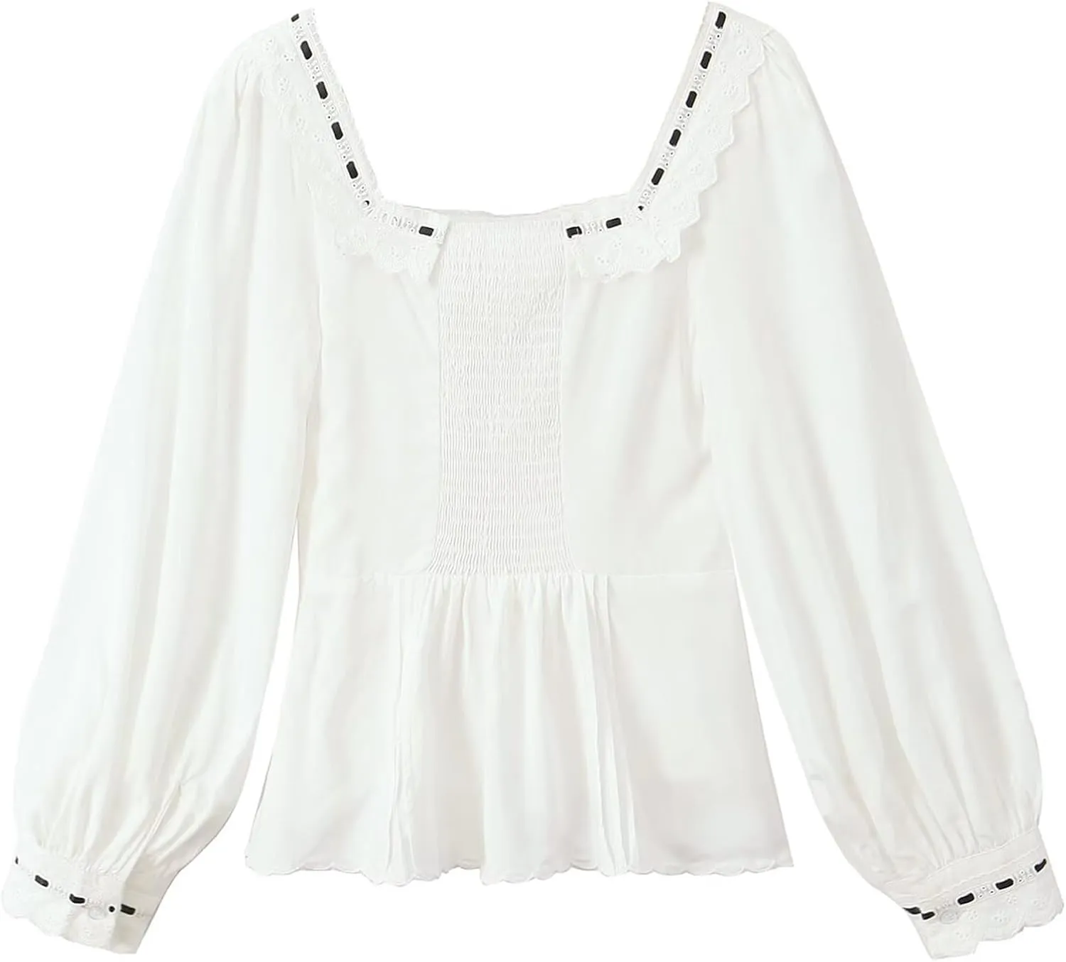KEOMUD Women's Square Neck Peplum Blouse 2025 Casual Long Sleeve Lace Bow Babydoll Shirt Tops