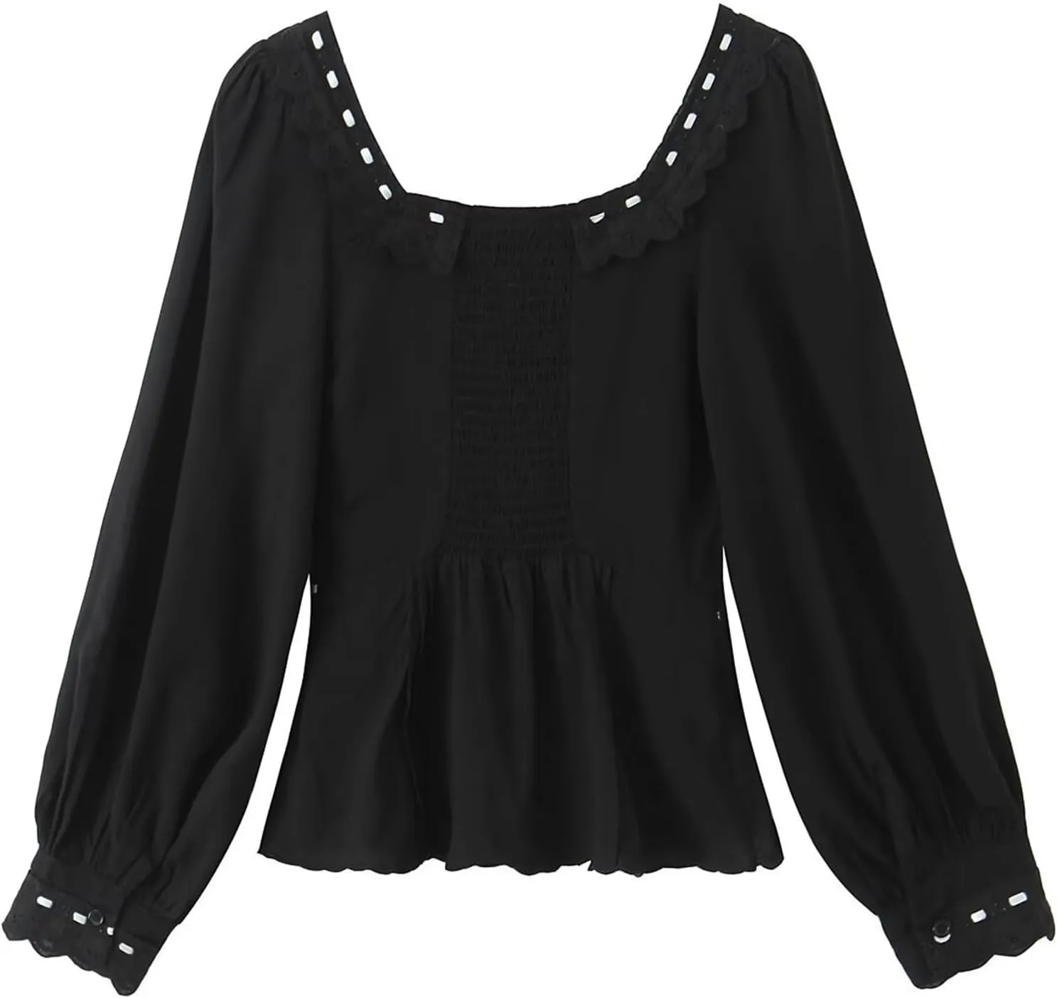 KEOMUD Women's Square Neck Peplum Blouse 2025 Casual Long Sleeve Lace Bow Babydoll Shirt Tops
