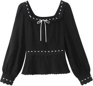 KEOMUD Women's Square Neck Peplum Blouse 2025 Casual Long Sleeve Lace Bow Babydoll Shirt Tops