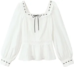 KEOMUD Women's Square Neck Peplum Blouse 2025 Casual Long Sleeve Lace Bow Babydoll Shirt Tops