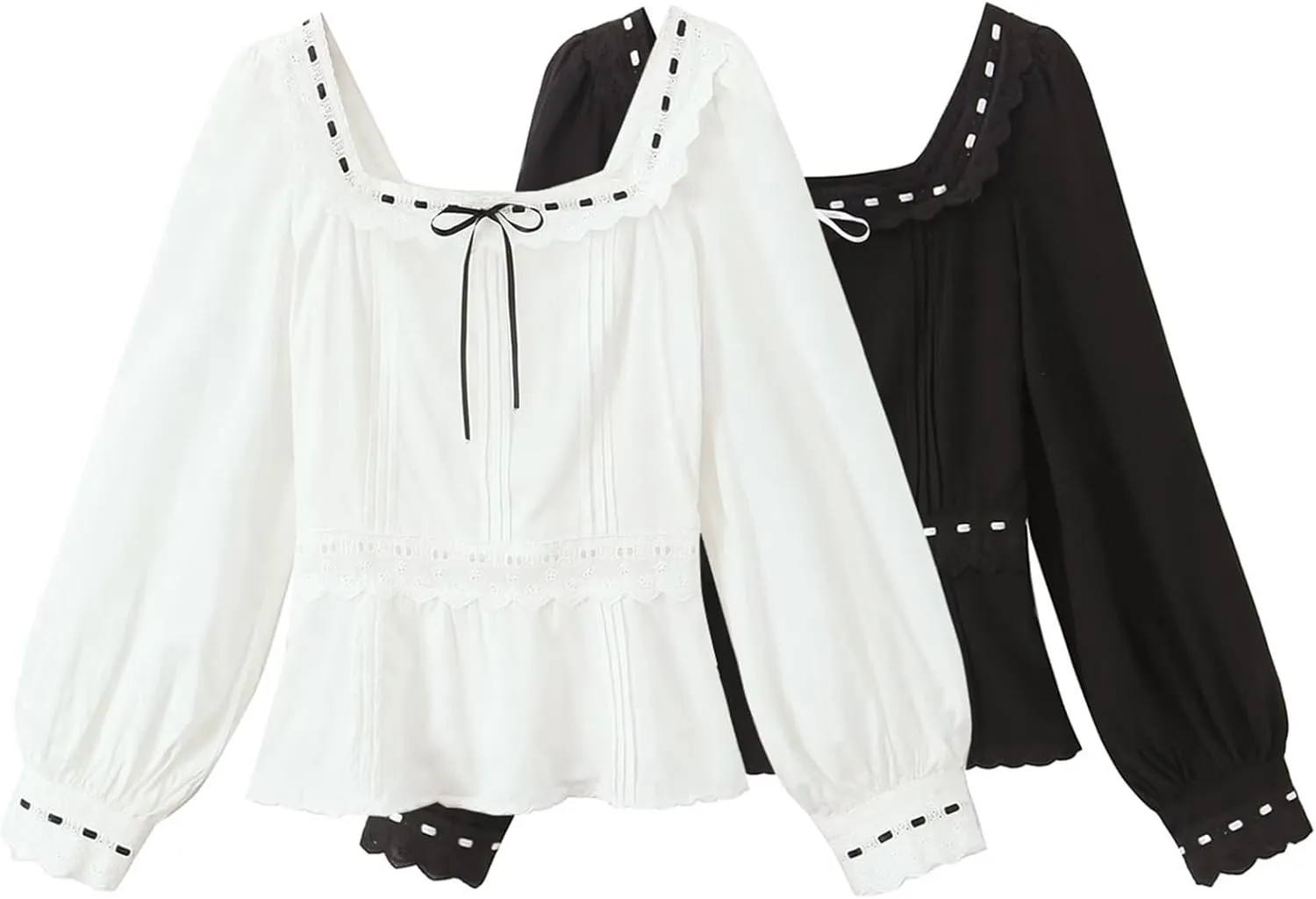KEOMUD Women's Square Neck Peplum Blouse 2025 Casual Long Sleeve Lace Bow Babydoll Shirt Tops