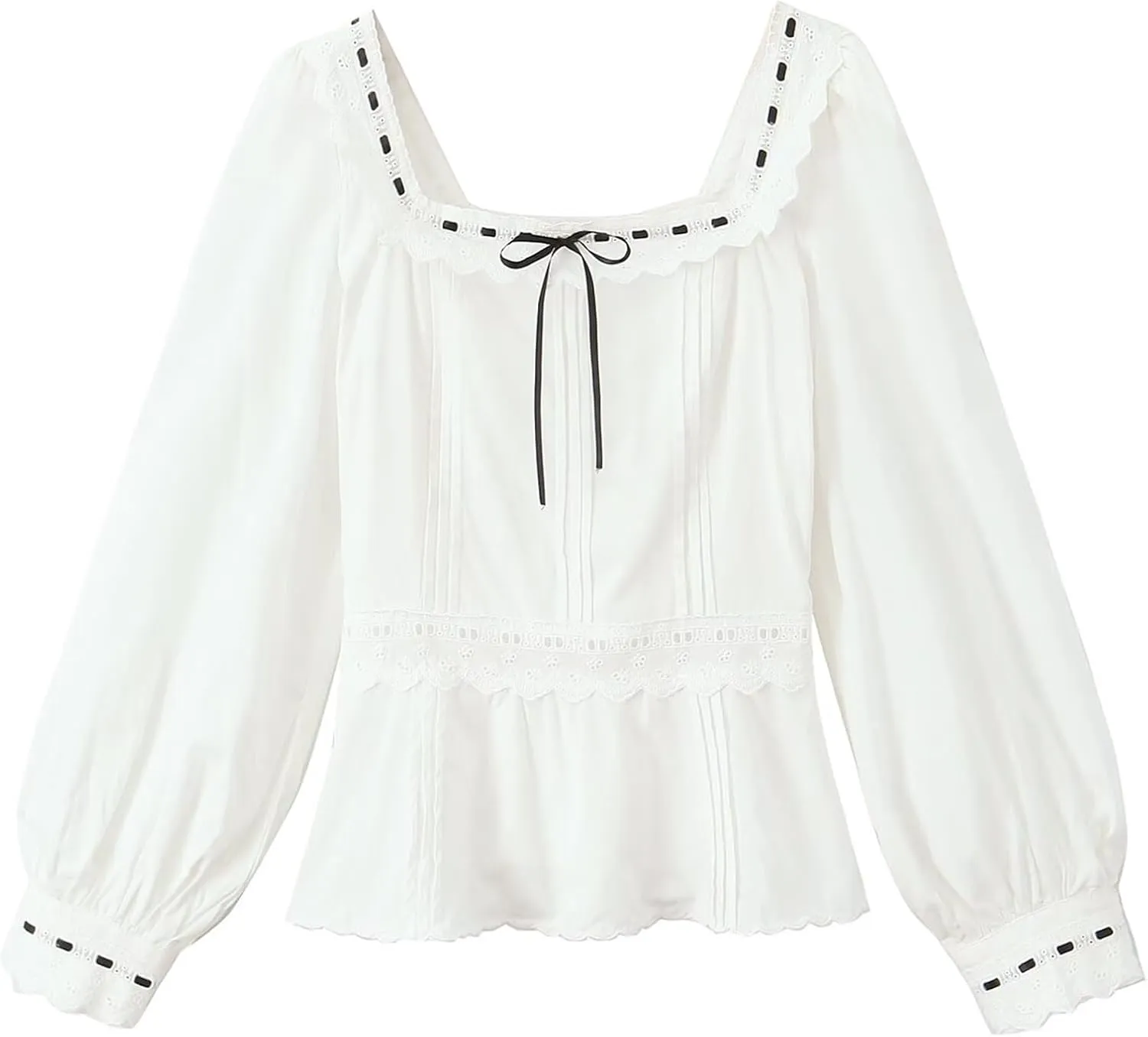 KEOMUD Women's Square Neck Peplum Blouse 2025 Casual Long Sleeve Lace Bow Babydoll Shirt Tops