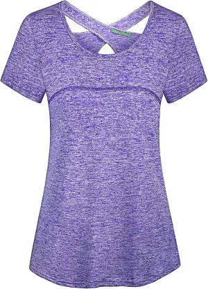 Kimmery Woman Short Sleeve Round Neck Criss Cross Back Yoga Shirt