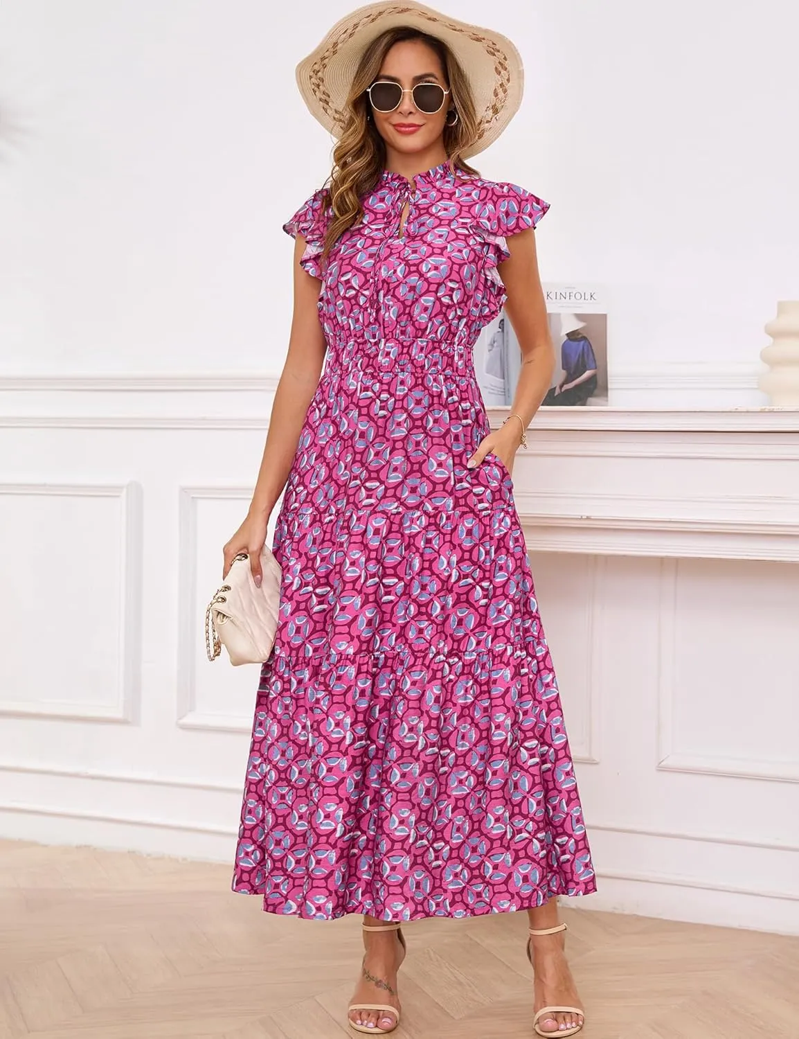 Kranda 2025 Women Summer Self-tie V Neck High Waist Ruffle Cap Sleeve Flowy Tiered Long Boho Floral Maxi Dress with Pockets