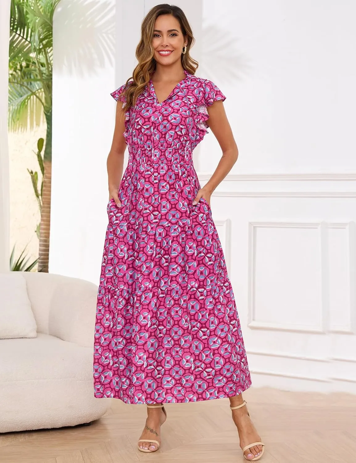 Kranda 2025 Women Summer Self-tie V Neck High Waist Ruffle Cap Sleeve Flowy Tiered Long Boho Floral Maxi Dress with Pockets