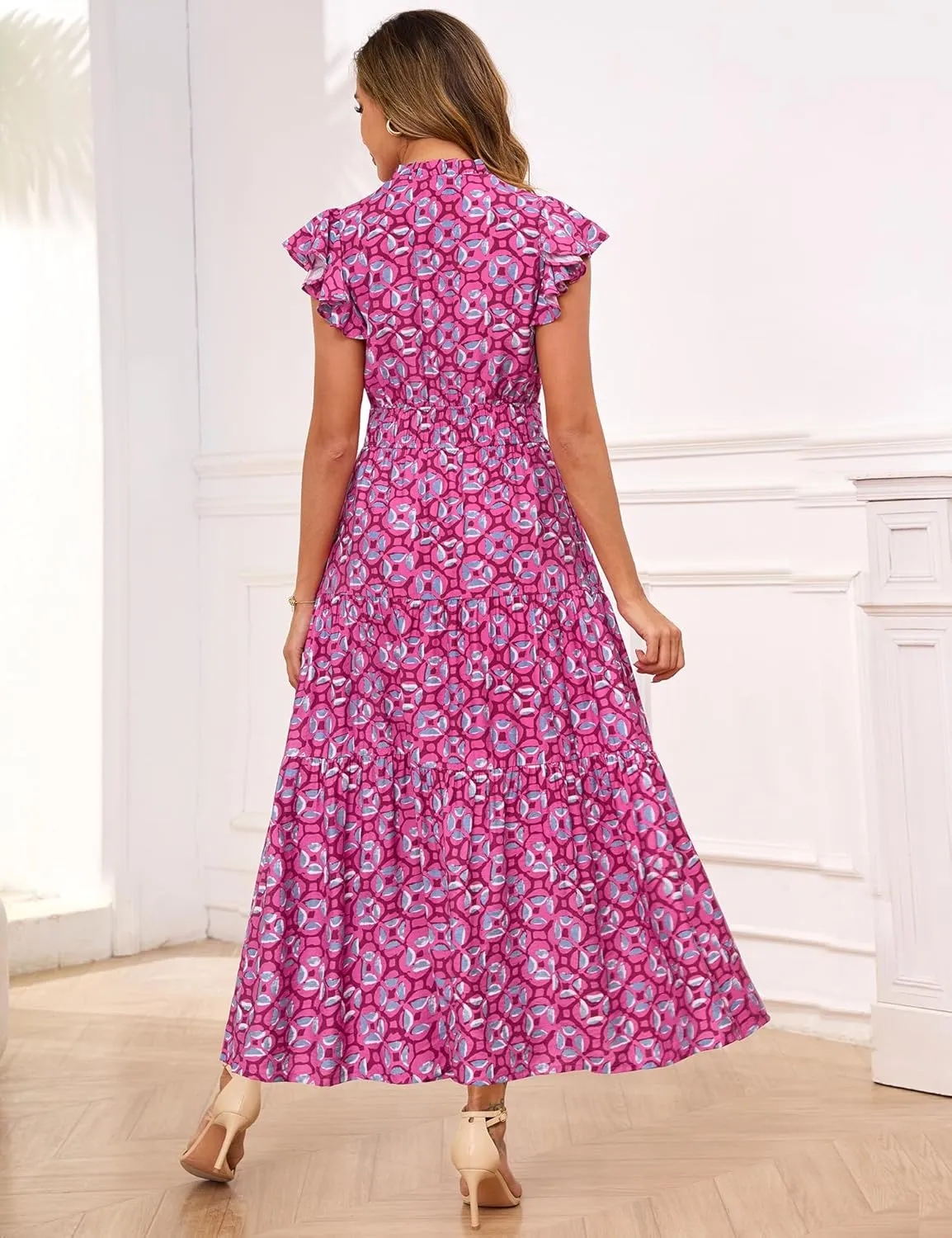 Kranda 2025 Women Summer Self-tie V Neck High Waist Ruffle Cap Sleeve Flowy Tiered Long Boho Floral Maxi Dress with Pockets