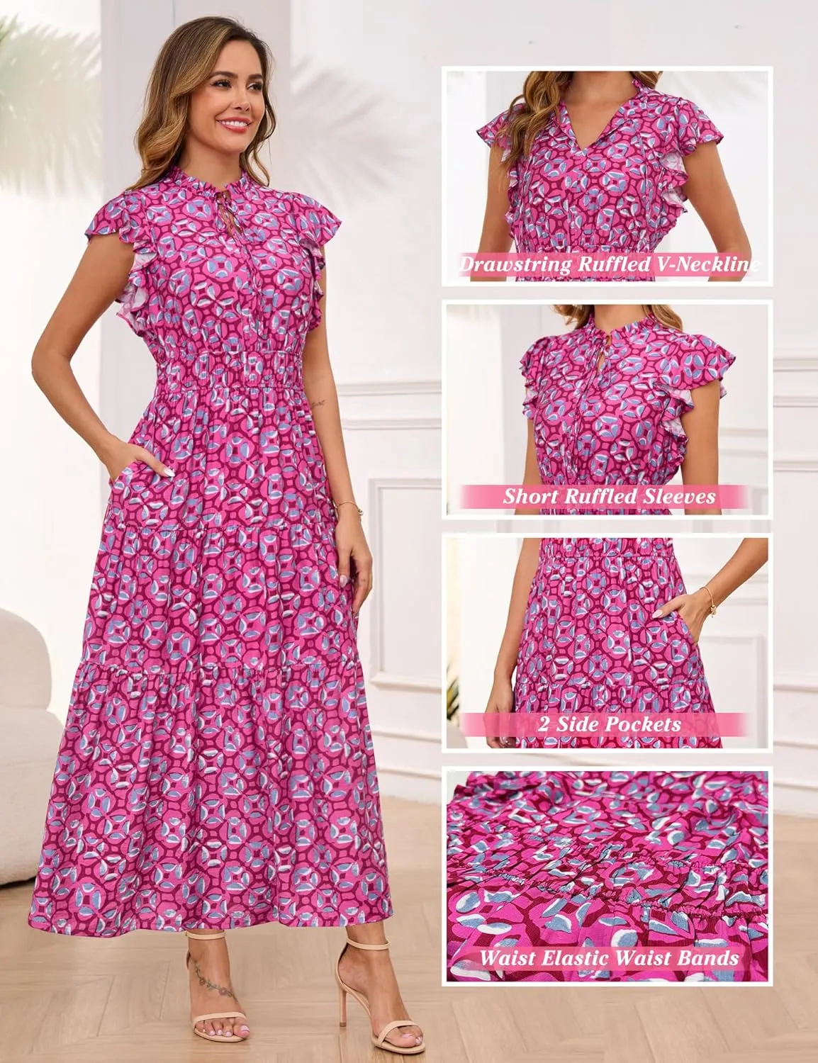 Kranda 2025 Women Summer Self-tie V Neck High Waist Ruffle Cap Sleeve Flowy Tiered Long Boho Floral Maxi Dress with Pockets