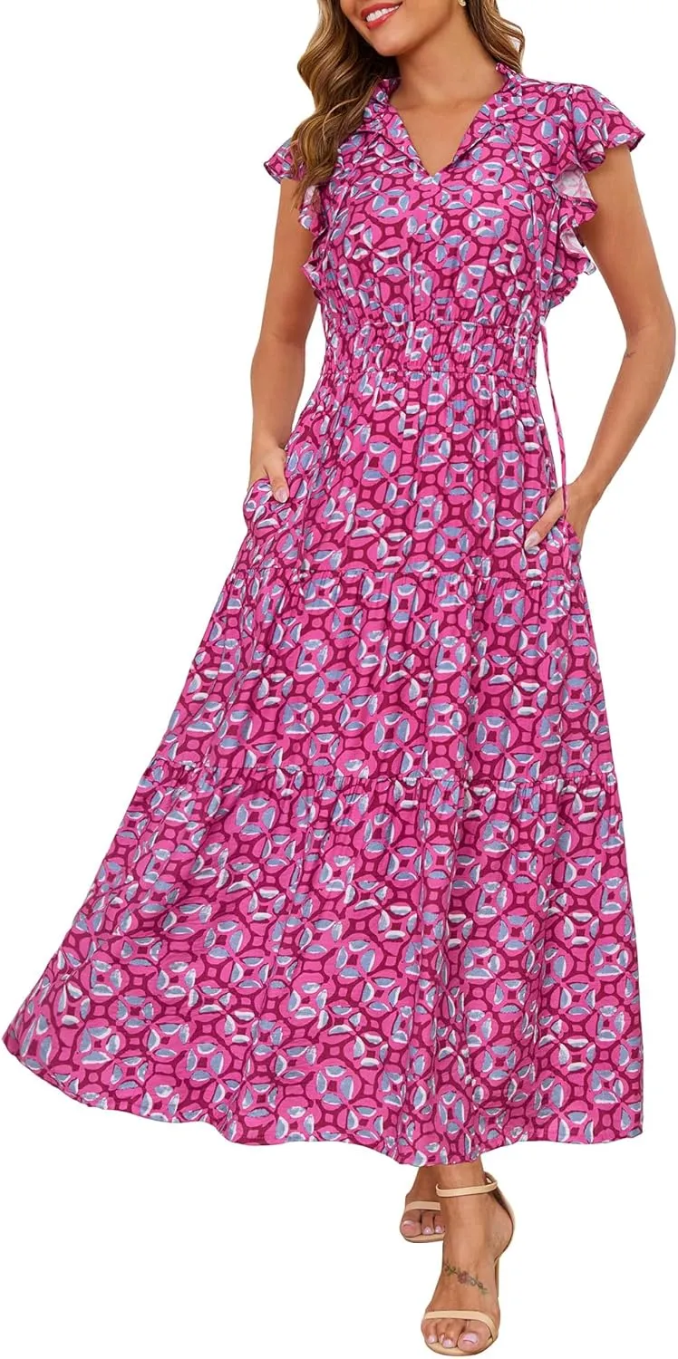 Kranda 2025 Women Summer Self-tie V Neck High Waist Ruffle Cap Sleeve Flowy Tiered Long Boho Floral Maxi Dress with Pockets