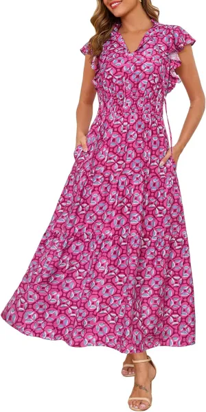 Kranda 2025 Women Summer Self-tie V Neck High Waist Ruffle Cap Sleeve Flowy Tiered Long Boho Floral Maxi Dress with Pockets