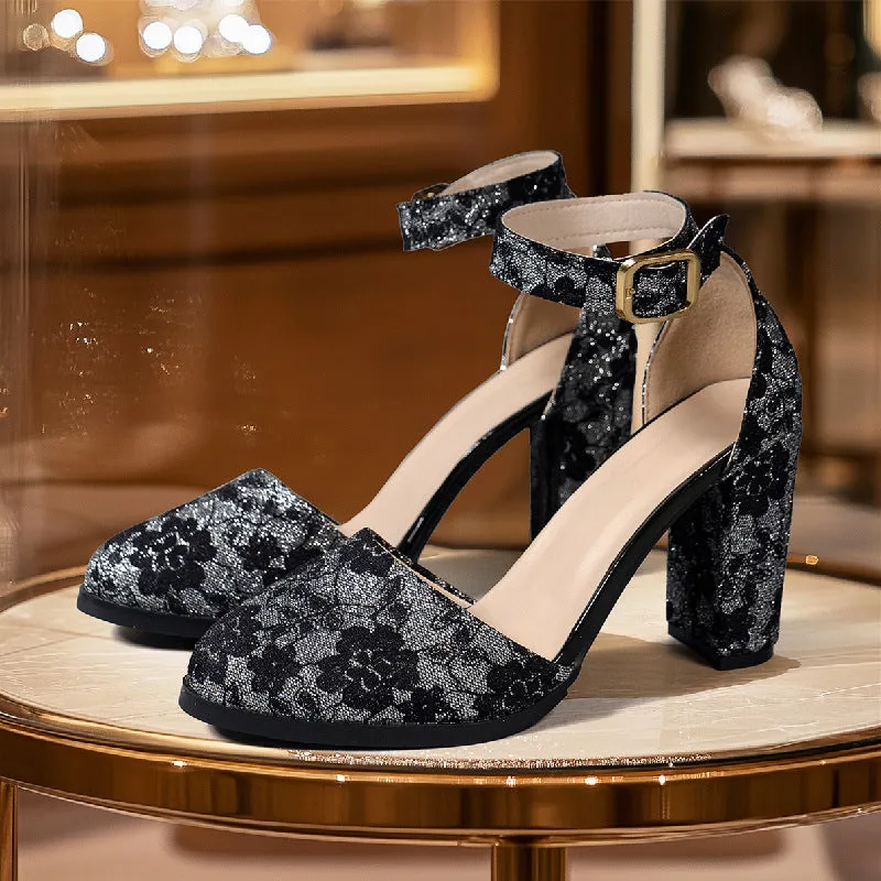 Lace Closed Toe High Heel Sandals Women Chunky Heel round Toe Hollowed Ankle Strap Buckle Shoes