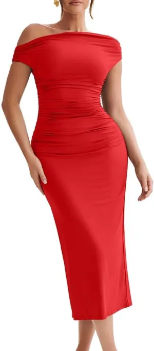 LAGSHIAN Women's Elegant One Shoulder Sleeveless Bodycon Ruched Party Cocktail Formal Midi Dress