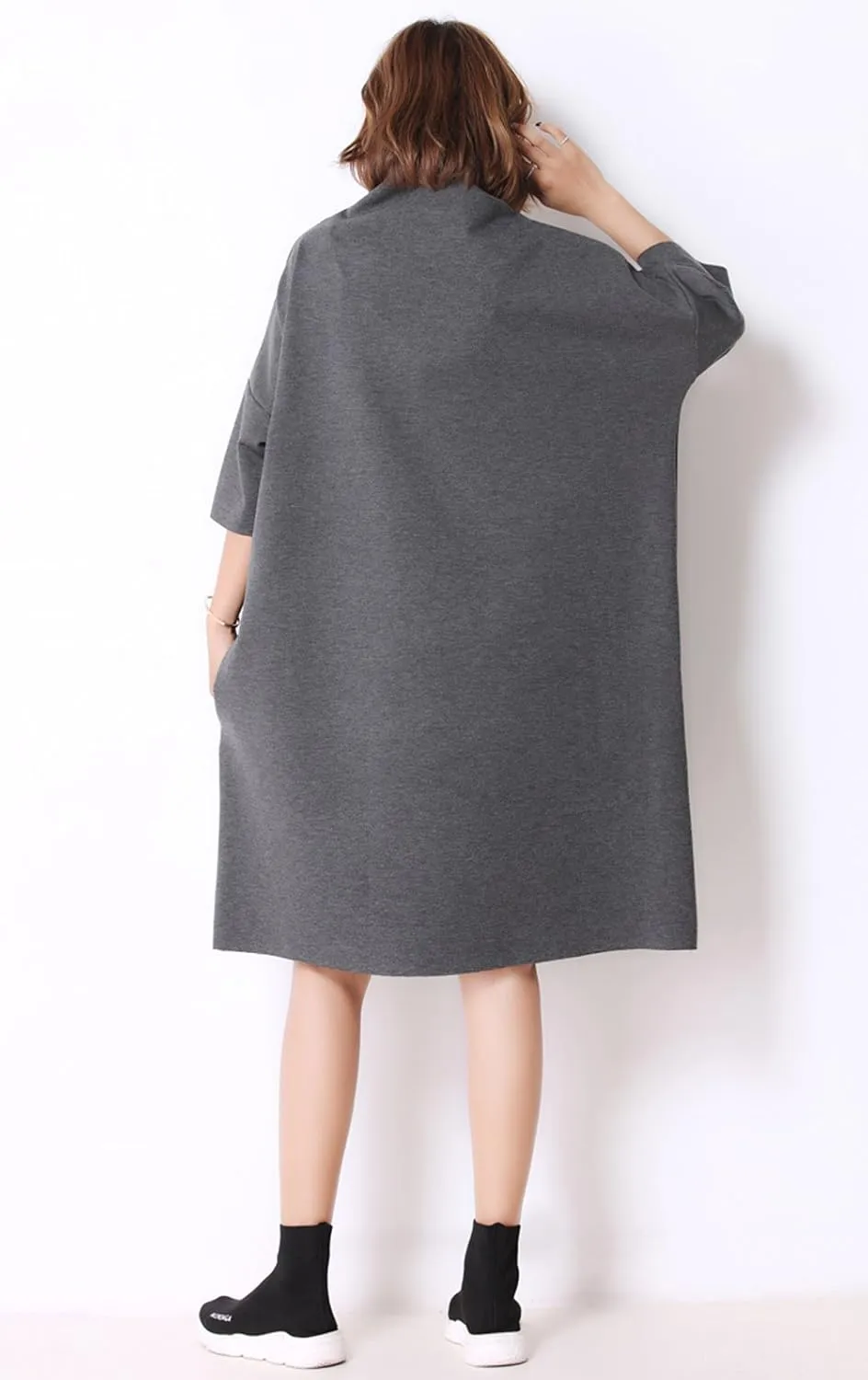 LAI MENG FIVE CATS Women's Casual 3/4 Sleeves Turtleneck Oversized Loose Sweatshirt Fashion Pullover Dress