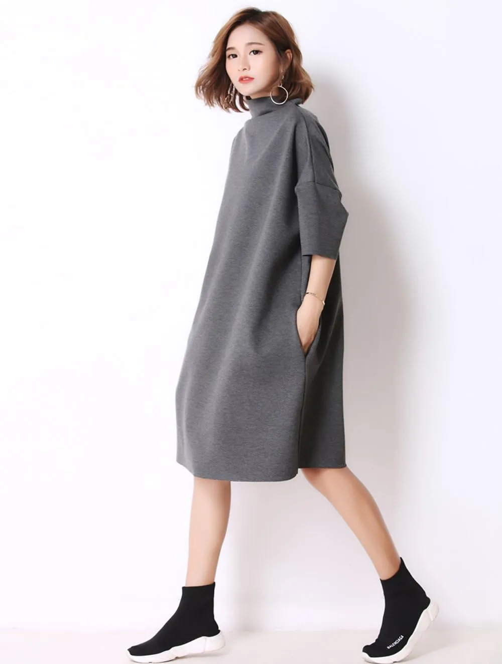 LAI MENG FIVE CATS Women's Casual 3/4 Sleeves Turtleneck Oversized Loose Sweatshirt Fashion Pullover Dress