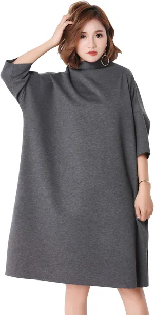 LAI MENG FIVE CATS Women's Casual 3/4 Sleeves Turtleneck Oversized Loose Sweatshirt Fashion Pullover Dress
