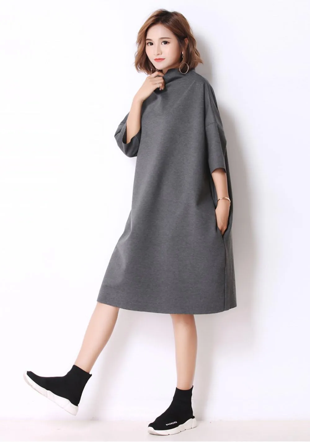 LAI MENG FIVE CATS Women's Casual 3/4 Sleeves Turtleneck Oversized Loose Sweatshirt Fashion Pullover Dress