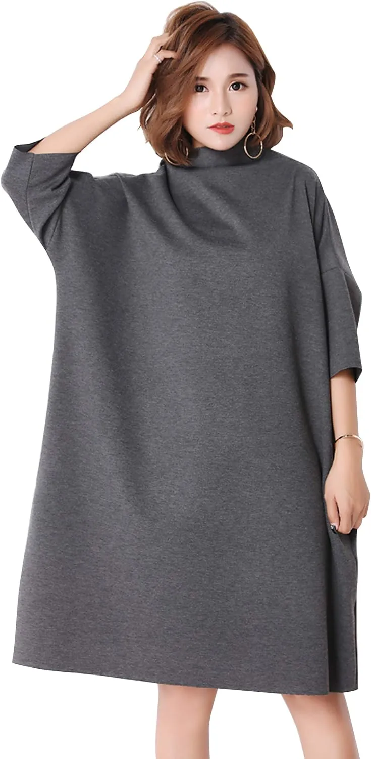 LAI MENG FIVE CATS Women's Casual 3/4 Sleeves Turtleneck Oversized Loose Sweatshirt Fashion Pullover Dress