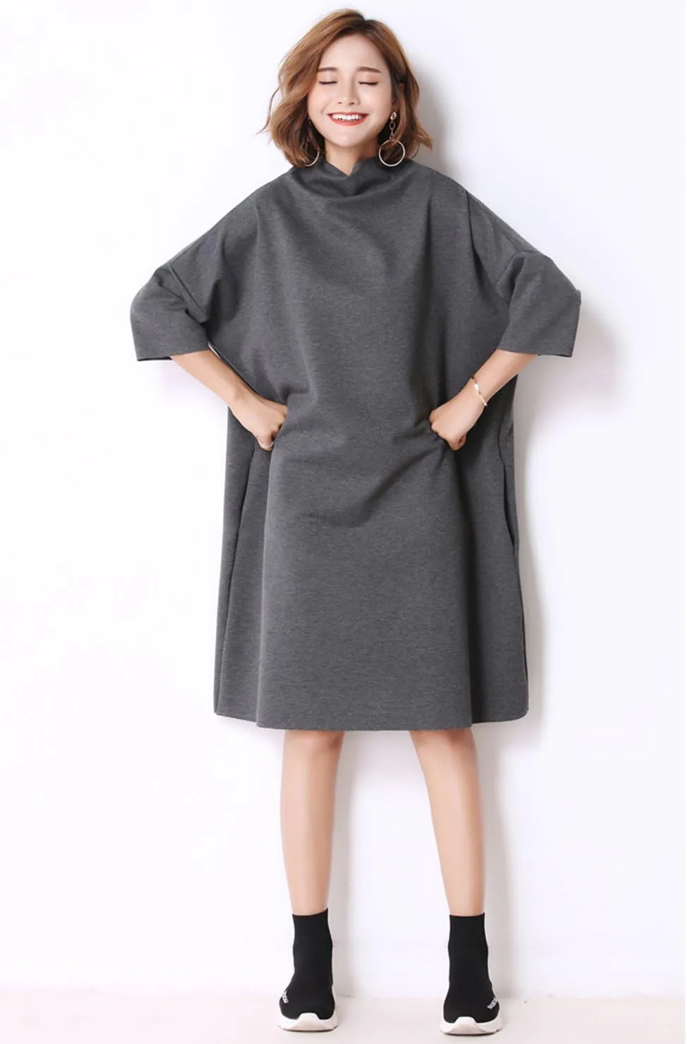 LAI MENG FIVE CATS Women's Casual 3/4 Sleeves Turtleneck Oversized Loose Sweatshirt Fashion Pullover Dress