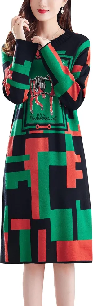 LAI MENG FIVE CATS Women's Vintage Long Sleeve Print Sweater Ribbed Knit Pullover Fall Midi Dress