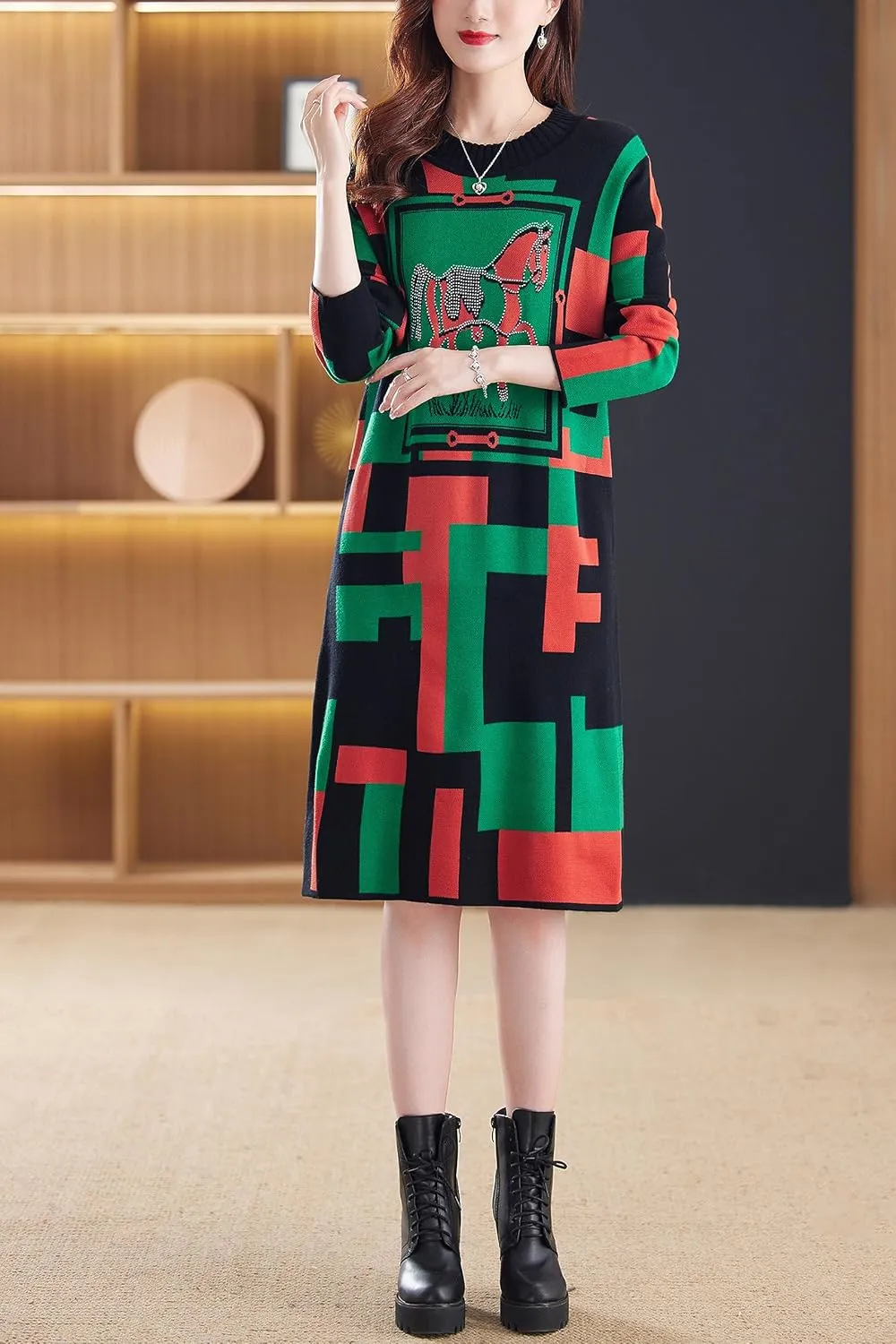 LAI MENG FIVE CATS Women's Vintage Long Sleeve Print Sweater Ribbed Knit Pullover Fall Midi Dress
